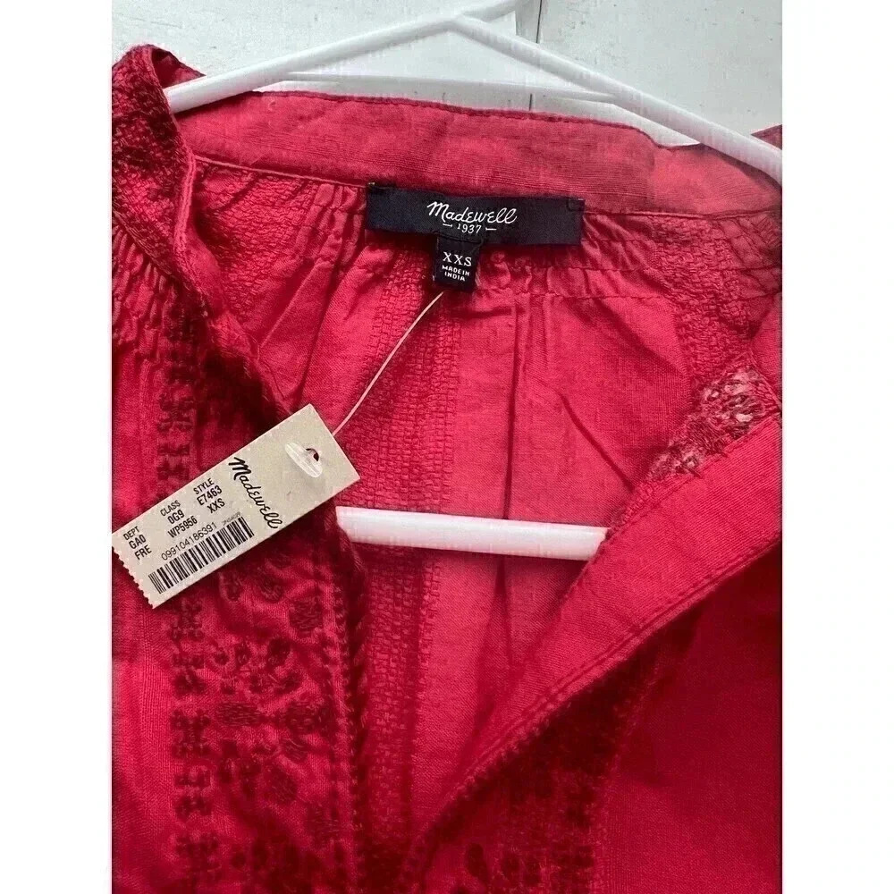Madewell Women's Top Size XXS Red Embroidered 3/4 Sleeve Tassel Holiday - Picture 8 of 11